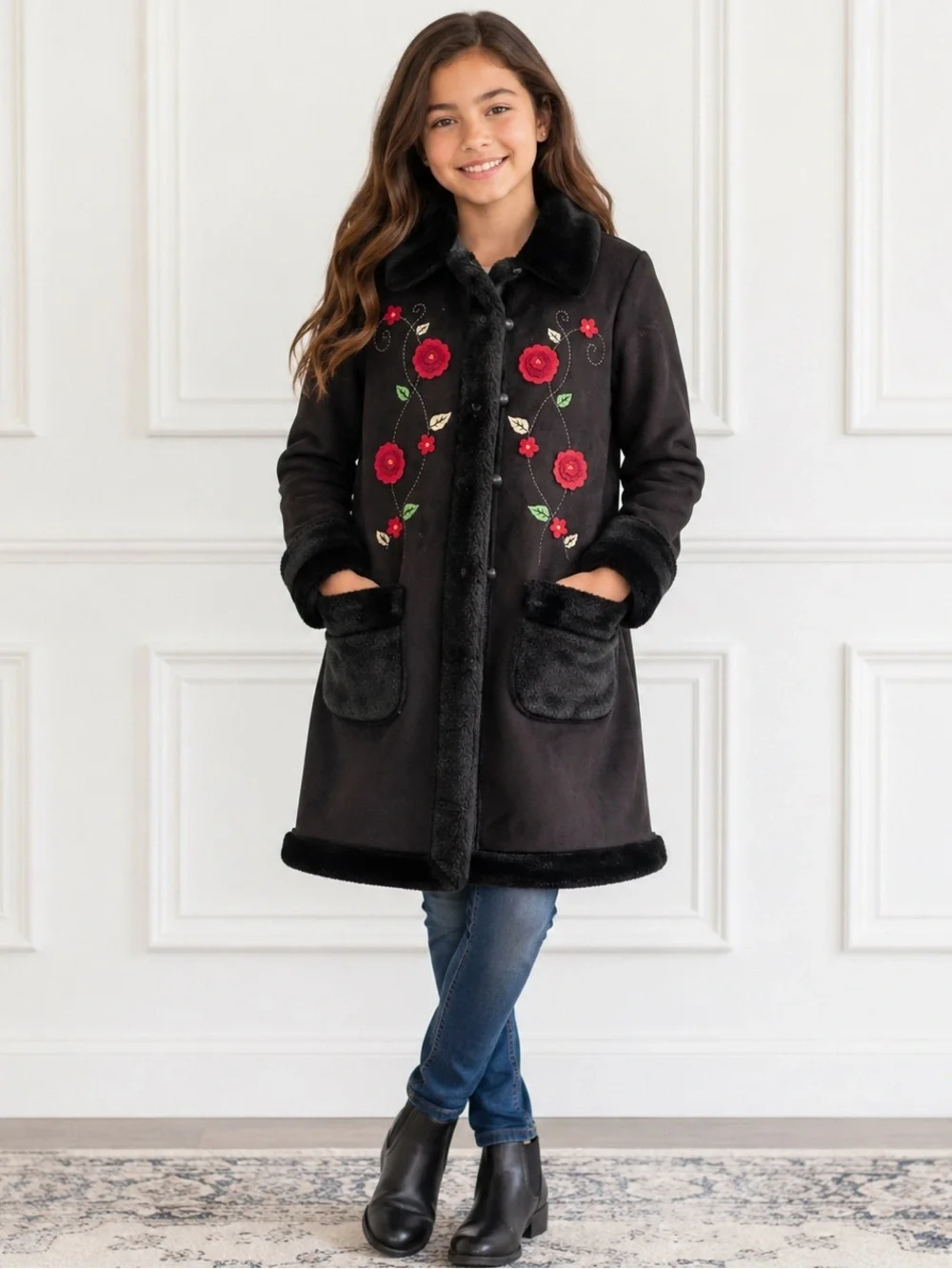 Children’s Place Girls Black Faux Fur Floral Embroidered Coat SZ 7/8